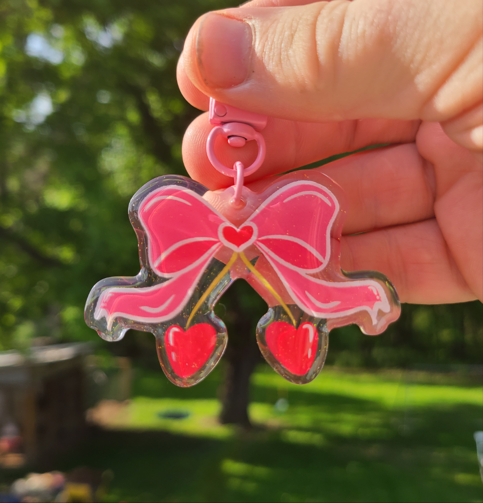 Pink Bow Cherry Keychain